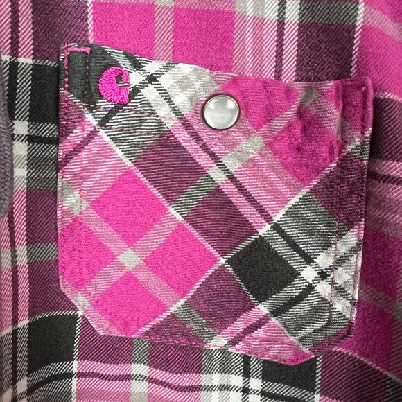Carhartt Flannel Shirt Womens Small Pink Plaid‎ Hooded Pearl Snap Rugged Shacket - Picture 5 of 9
